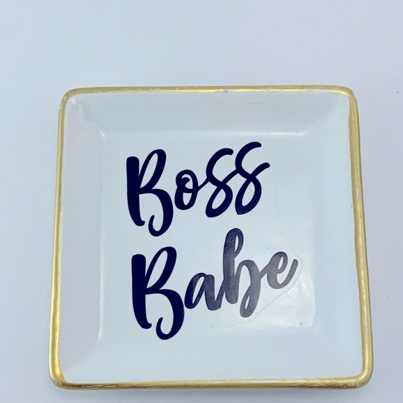 Boss Babe Trinket Tray Jewelry Storage Dish White Gold Black Ceramic Square - Picture 2 of 6